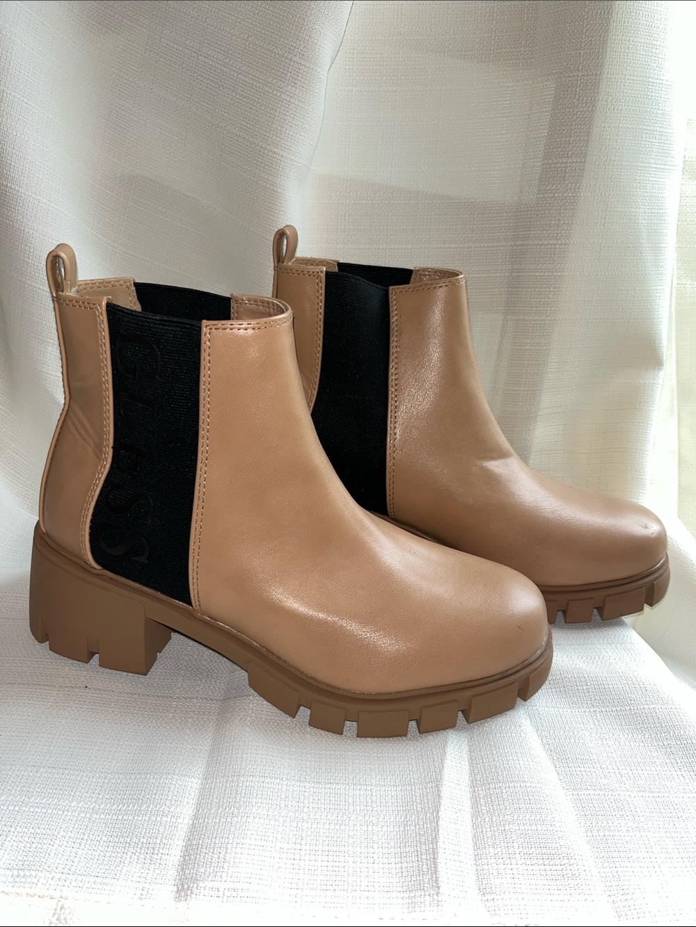Guess Women's Camel Chelsea Lug Booties with Black Elastic Panels